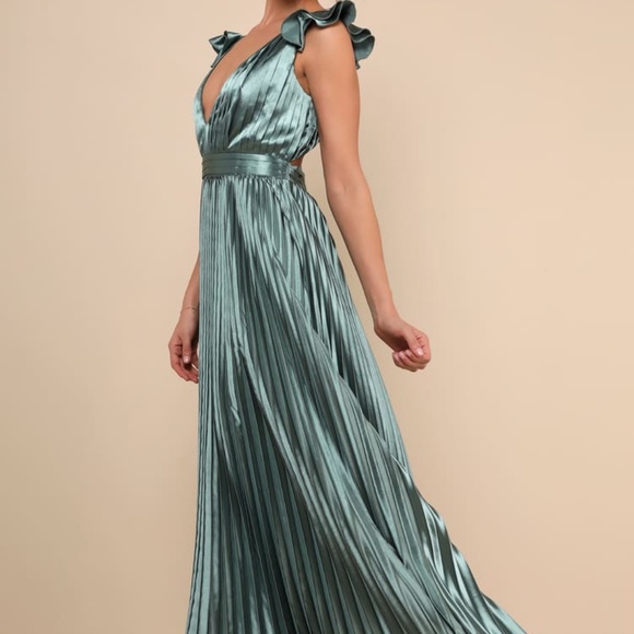 Sage Green Satin Lace-Up Pleated Maxi Dress - Picture 1 of 3